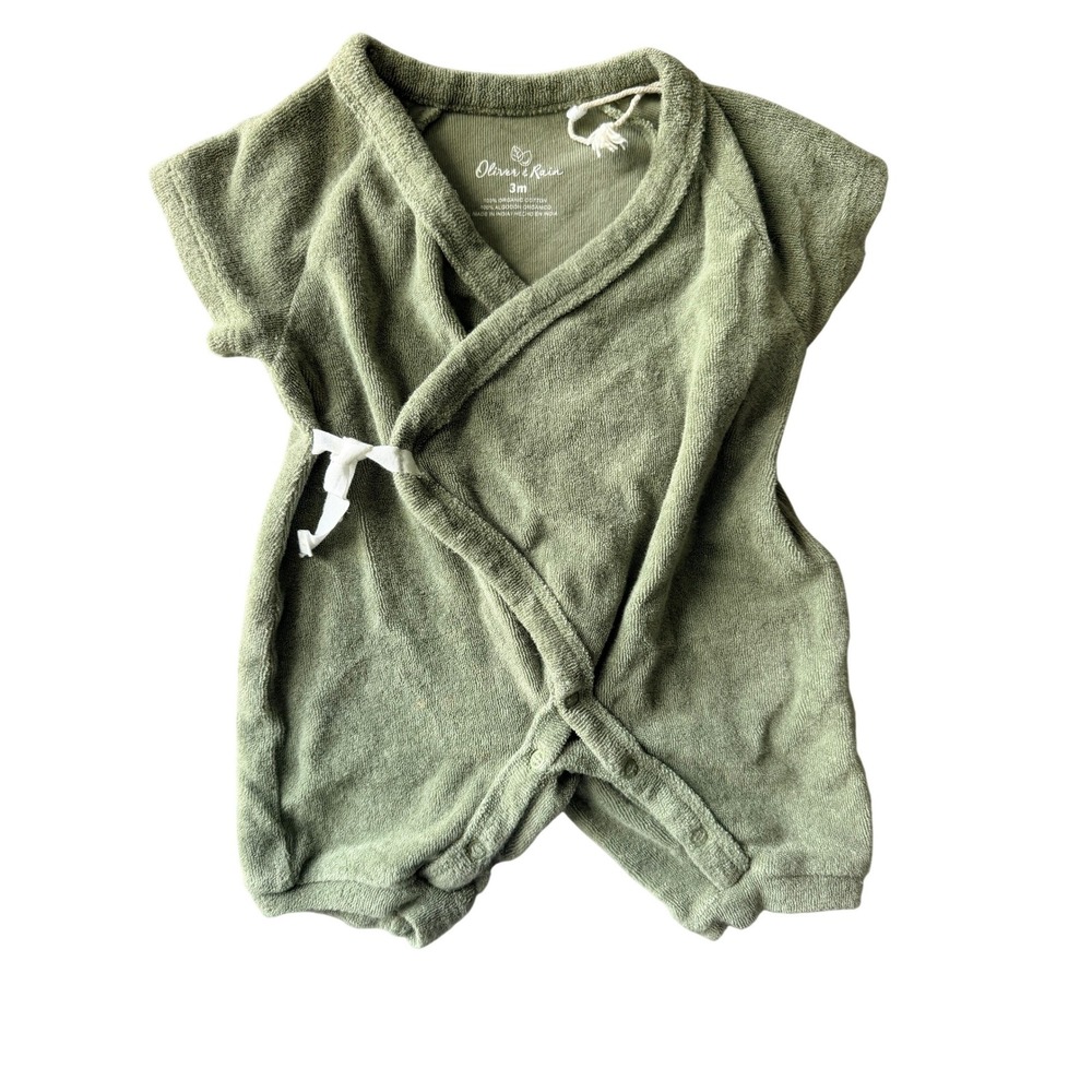 Oliver & Rain Organic Cotton Terry Kimono Romper Sage Green 3M Baby One Piece